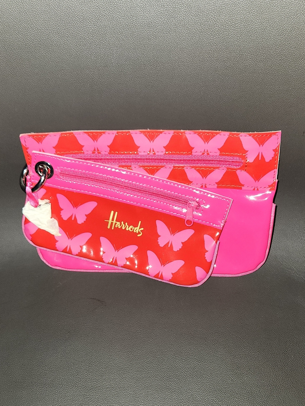 Harrods Pink and Red Butterfly Zippered Pouch Set NWOT